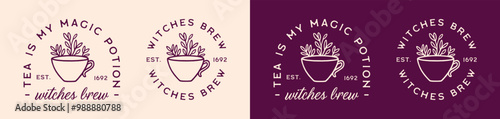 Witches brew tea is my magic potion funny witch quotes badge label logo shirt design bundle pack. Whimsical retro vintage apothecary herbal botanical plants cup purple aesthetic printable cut file.
