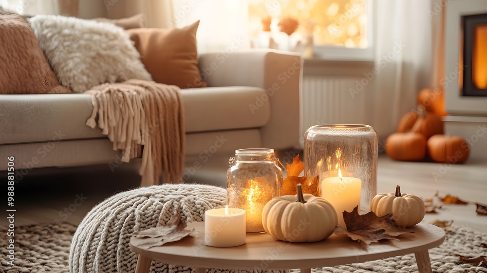 Cozy autumn scene with warm candles, pumpkins, and neutral tones creating a peaceful and inviting atmosphere in a living room Cozy autumn scene with warm candles, pumpkins, and neutral tones creating a peaceful and inviting atmosphere in a living room