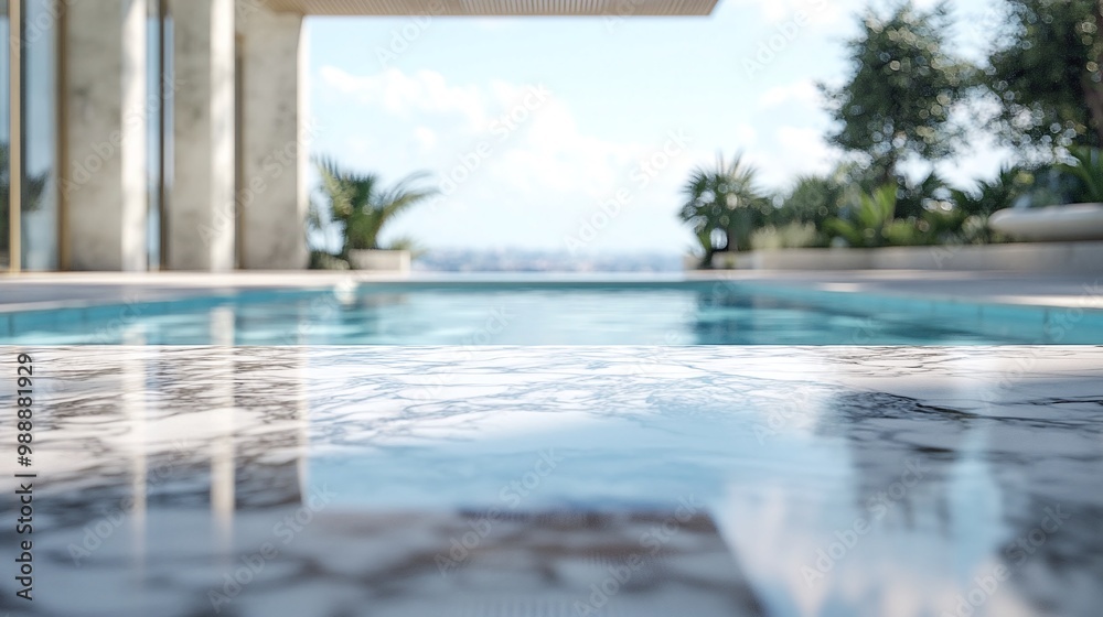 empty polished marble table placed in the foreground of a serene outdoor scene with a blurred swimming pool backdrop offering a luxurious and stylish setting perfect for product displays empty polished marble table placed in the foreground of a serene outdoor scene with a blurred swimming pool backdrop offering a luxurious and stylish setting perfect for product displays