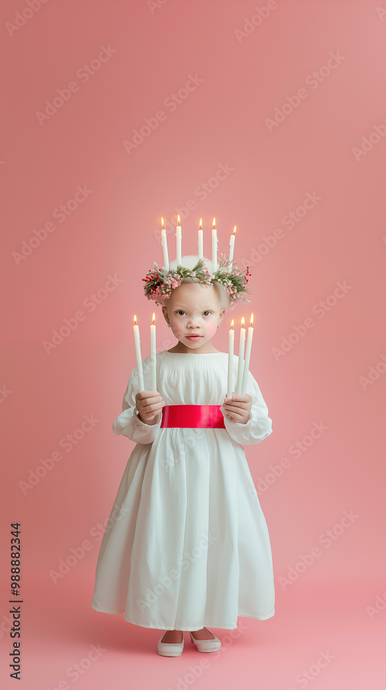 Fototapeta premium A little african albino girl dressed as Saint Lucia, with blonde hair and a green wreath on her head, in a white dress with a red belt and holding candles in her hands. Pink pastel background with. Hy