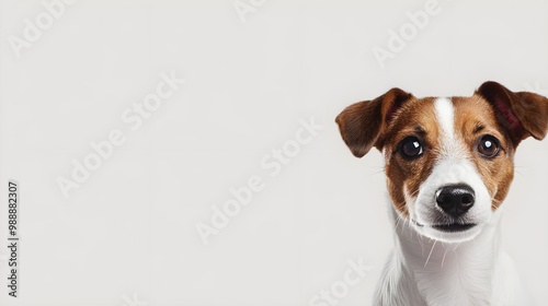 Cute Jack Russell Terrier dog with curious expression on a light background with copy space