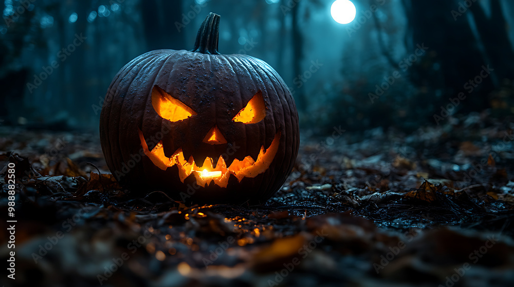 A pumpkin with a scary face is lit up in the dark A pumpkin with a scary face is lit up in the dark