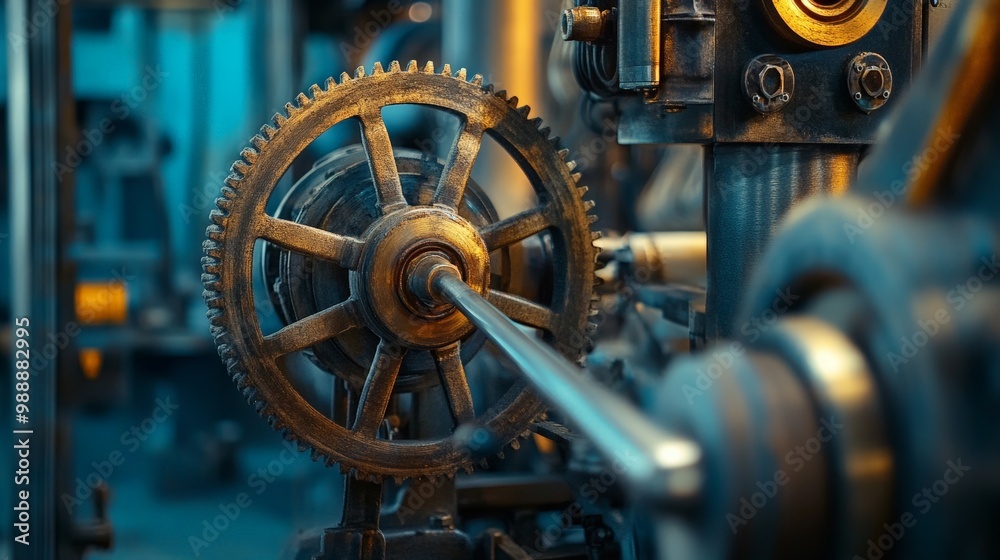 Close-up of Industrial Gear Mechanism with Detailed Metal Components, Emphasizing the Interplay of Moving Parts and the Complexity of Industrial Processes. Close-up of Industrial Gear Mechanism with Detailed Metal Components, Emphasizing the Interplay of Moving Parts and the Complexity of Industrial Processes.