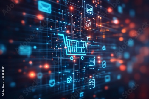 Digital Shopping Cart Concept with Neon Blue and Orange Lights and Icons in Abstract Background