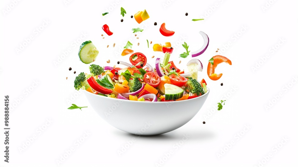 A vibrant salad of mixed vegetables flying into a bowl, showcasing freshness and colorful ingredients. A vibrant salad of mixed vegetables flying into a bowl, showcasing freshness and colorful ingredients.