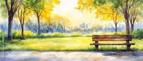 A serene park scene with a wooden bench surrounded by vibrant trees and soft sunlight, perfect for relaxation or contemplation. photo