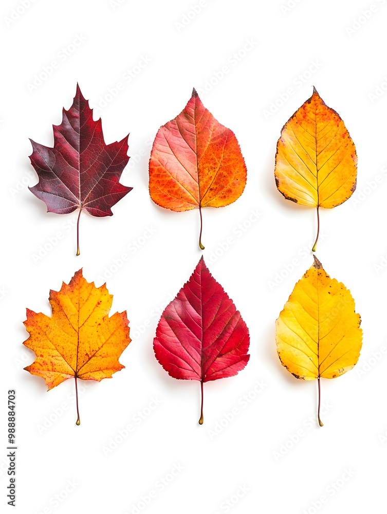 Row of colorful autumn leaves in shades of red, orange, and yellow on a white background, perfect for seasonal designs Row of colorful autumn leaves in shades of red, orange, and yellow on a white background, perfect for seasonal designs