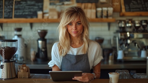 beautiful blond barista with a digital tablet standing behind the cafe counter offering friendly service and efficient order management in a cozy coffee shop with a warm and inviting ambiance