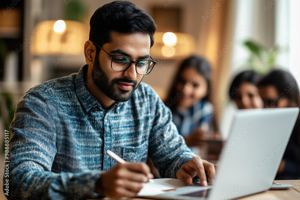 Fototapeta premium Portrait of young Arab man in glasses using laptop sitting at desk, writing in notebook. Cheerful guy browsing internet, watching webinar studying online, looking at pc screen, free copy space