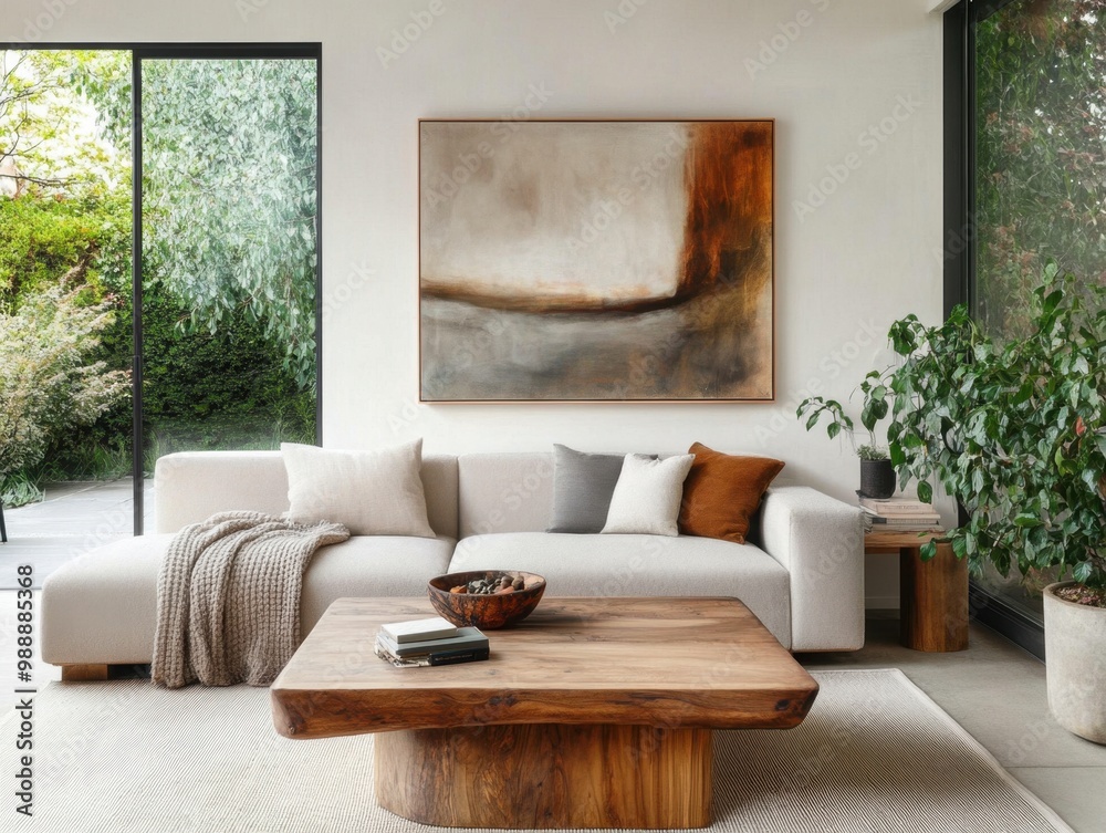 A living room with a couch, coffee table, and a painting on the wall. A potted plant is also present in the room A living room with a couch, coffee table, and a painting on the wall. A potted plant is also present in the room