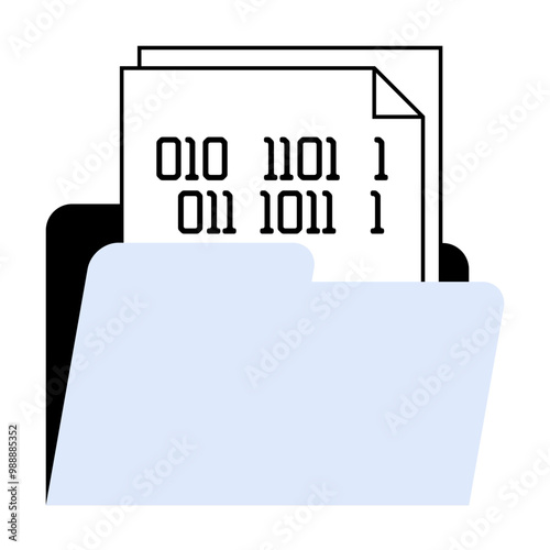 Blue folder holding papers with binary code. Ideal for data management, digital information, computer science, file organization, coding. Simple vector style.