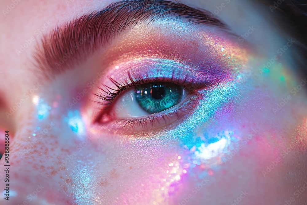 Close-up of eye with colorful holographic glitter makeup Close-up of eye with colorful holographic glitter makeup