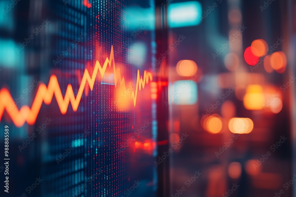 Financial data analysis concept with a rising graph in modern urban setting during night time Financial data analysis concept with a rising graph in modern urban setting during night time