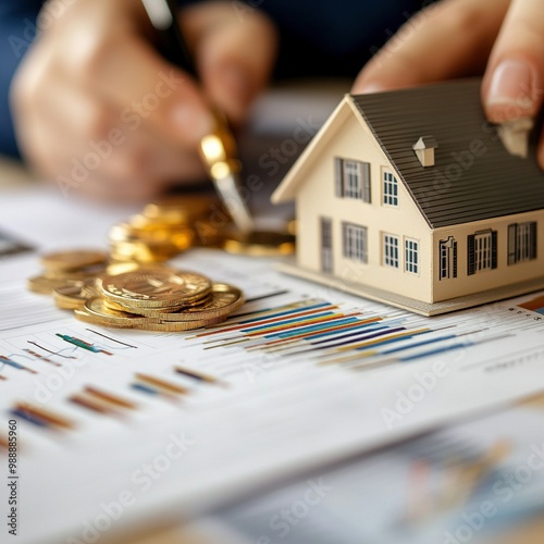 Concepto de inversión inmobiliaria con monedas de oro, gráficos financieros y maqueta de casa en mesa de oficina