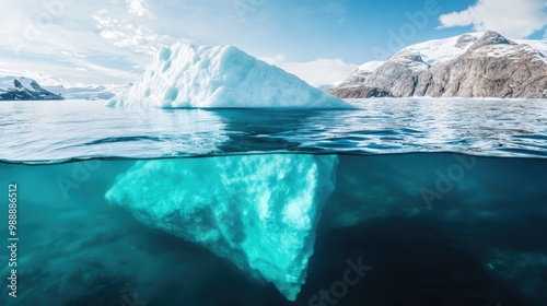 Iceberg drifting in clear turquoise waters showcasing both underwater and surface perspectives Represents the impacts of climate change