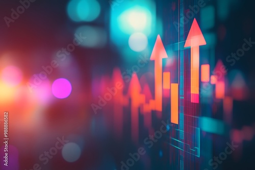 Colorful upward arrow graphs with abstract digital art in neon glow and bokeh lights at night