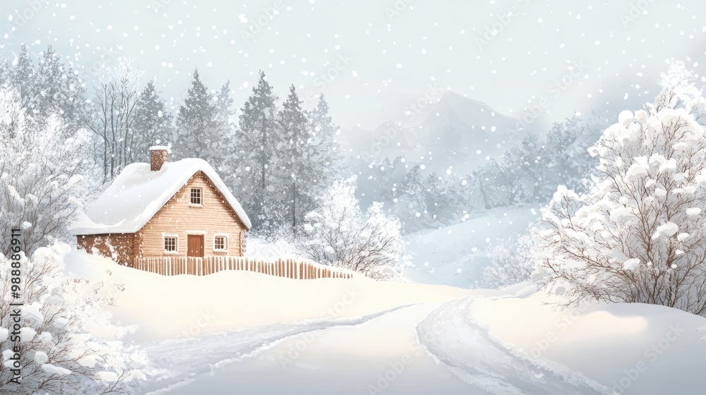 Illustration of a winter landscape featuring heavy snow a forest and a cozy house perfect for a seasonal poster Illustration of a winter landscape featuring heavy snow a forest and a cozy house perfect for a seasonal poster