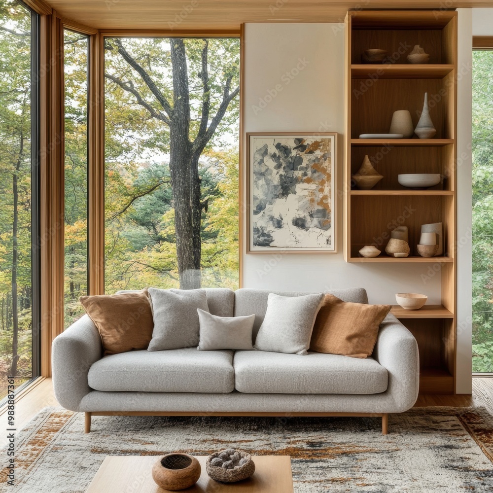 A white couch with brown pillows sits in front of a window. A framed painting hangs on the wall above the couch. A vase is on a table in front of the couch A white couch with brown pillows sits in front of a window. A framed painting hangs on the wall above the couch. A vase is on a table in front of the couch
