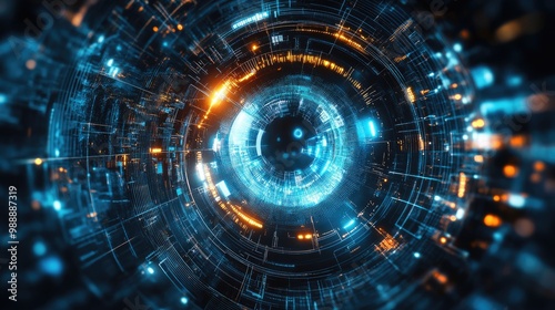Futuristic cyber eye surveillance system featuring electronic scanning technology lights glares and laser circuits for advanced security solutions