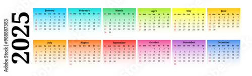 Calendar for 2025 isolated on a white background