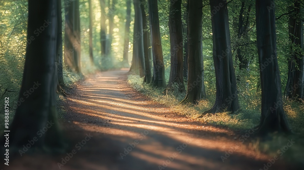 Obraz premium A soft blurred forest path with a gentle glow of light through the leaves