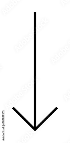 A black arrow points directly down on a white background. Ideal for navigation, direction signs, minimalistic art, user interface design, and instructional materials. Clean lines, modern look.
