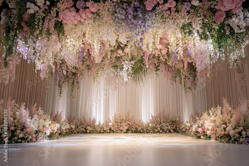 A wedding stage featuring a lush floral ceiling installation, creating a dreamy, romantic ambiance