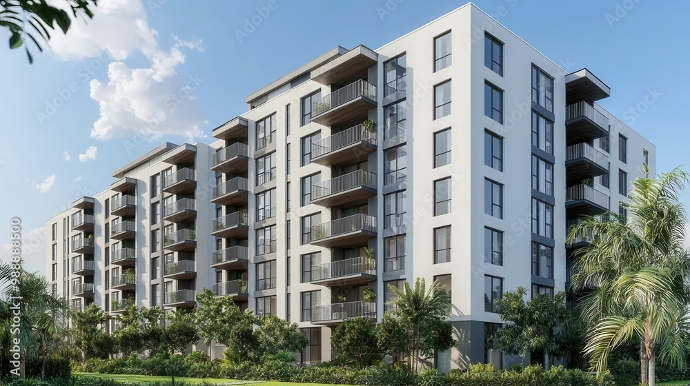 Exterior view of a modern apartment complex with balconies and lush landscaping
