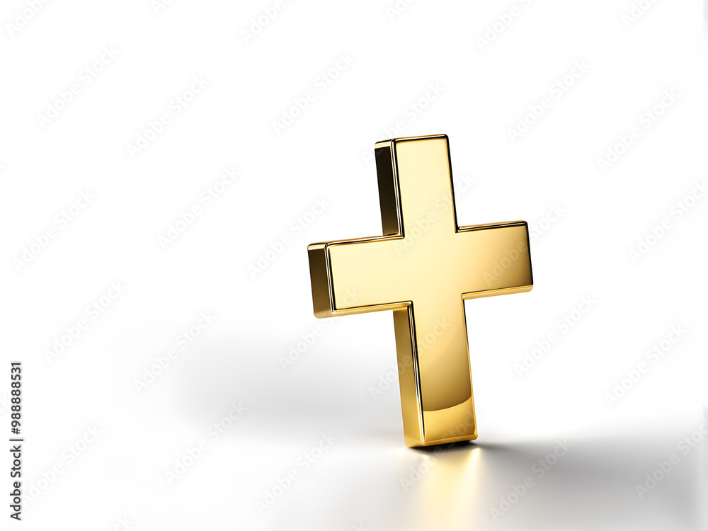 Obraz premium Shiny golden cross mark symbol on white background, metallic gold crucufix mark sign on the white floor