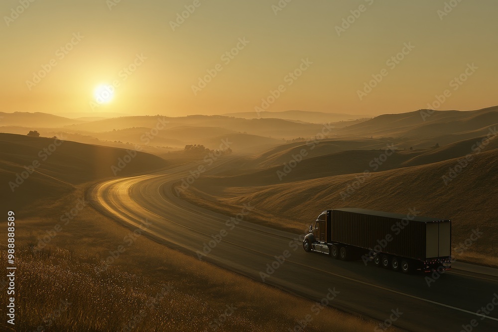 Semi Truck Traveling Through Rural Landscape at Sunrise Semi Truck Traveling Through Rural Landscape at Sunrise
