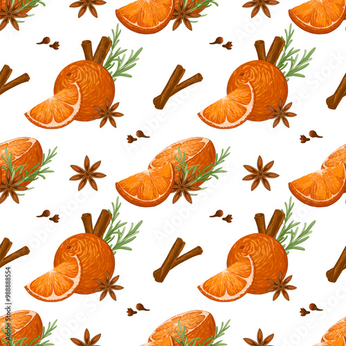 Christmas seamless pattern with oranges and mulled wine spices. Whole and sliced oranges, rosemary sprigs, star anise, clove, cinnamon rolls hand drawn vector illustration. Cozy decor on white