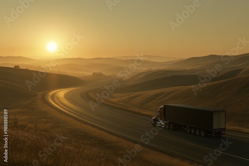 Semi Truck Traveling Through Rural Landscape at Sunrise photo