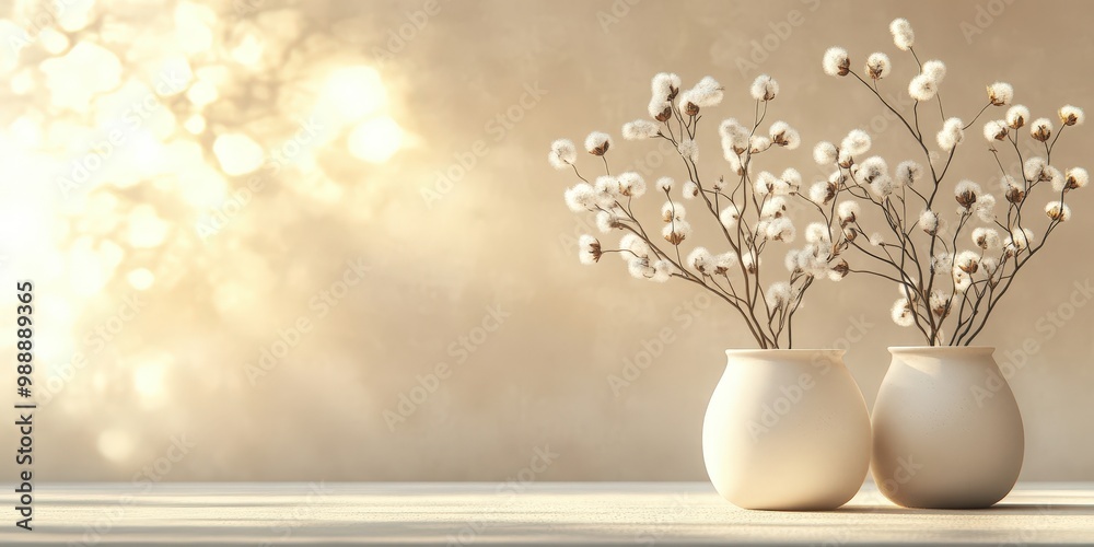 Elegant White Cotton Branches in Minimalist Vases Elegant White Cotton Branches in Minimalist Vases