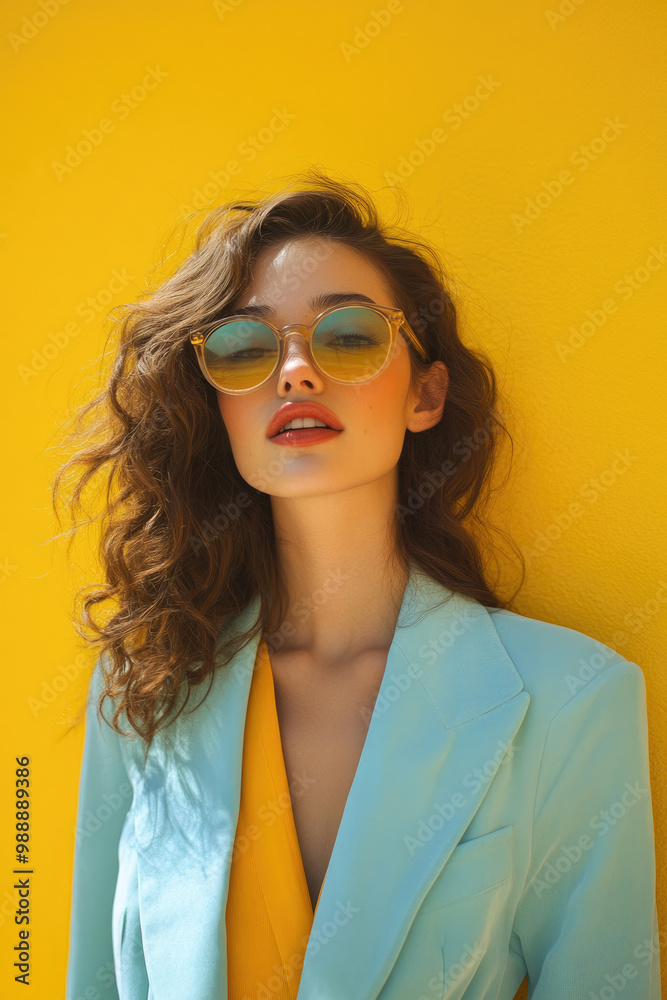 A stylish woman in vibrant clothing standing against a bold yellow background A stylish woman in vibrant clothing standing against a bold yellow background