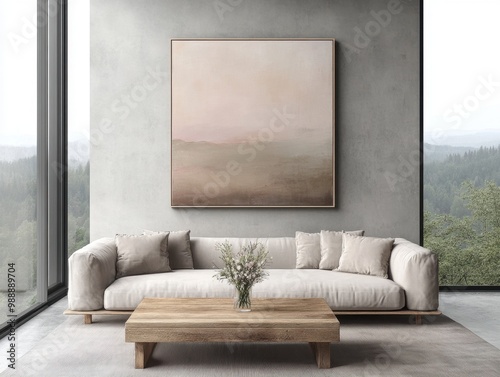 A large framed painting hangs on a wall in a living room. The painting is of a mountain landscape. A couch is in the room, and a coffee table is in front of it