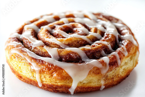 A freshly baked cinnamon roll with icing, isolated on a white background