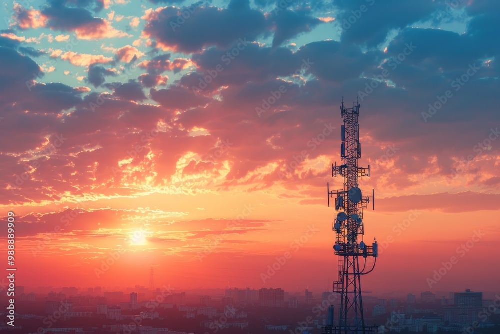 cellular communications tower on a background of the city and a beautiful sunset in summer cellular communications tower on a background of the city and a beautiful sunset in summer