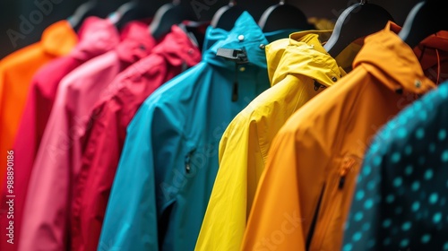 Vibrant Rain Jackets Displayed for Fashion and Weather Protection Shopping