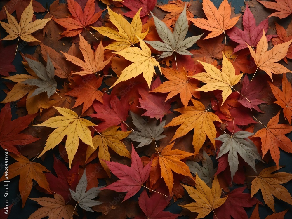 カエデ・紅葉した赤・緑・紫・オレンジの葉がボードの上に散らばって敷き詰められている Maple leaves in red, green, purple, and orange autumn colors are scattered and spread across the board カエデ・紅葉した赤・緑・紫・オレンジの葉がボードの上に散らばって敷き詰められている Maple leaves in red, green, purple, and orange autumn colors are scattered and spread across the board