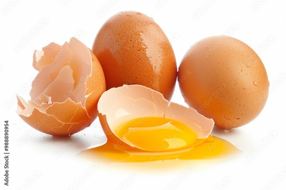 Chicken eggs and half broken egg with yolk isolated on white background Chicken eggs and half broken egg with yolk isolated on white background