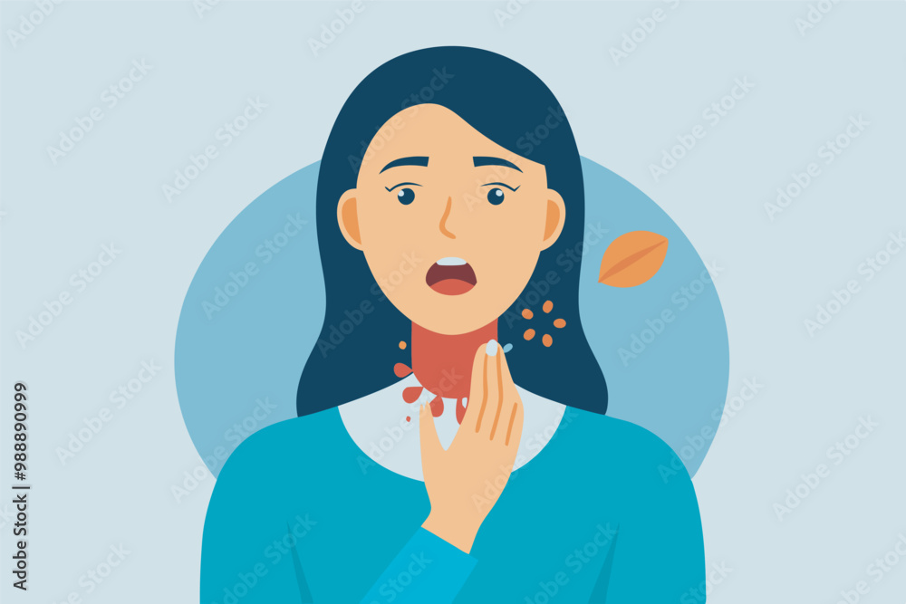Illustration shows woman with blue hair, bleeding neck, and anxious expression amid swirling leaves. Computer accessories hint at tech theme. Illustration shows woman with blue hair, bleeding neck, and anxious expression amid swirling leaves. Computer accessories hint at tech theme.