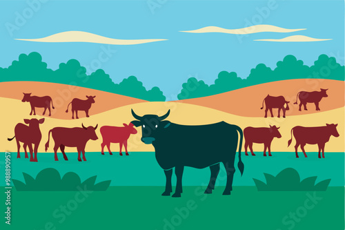 Illustration of peaceful pastoral scene with cows grazing on grassy hillside under blue sky. Central black cow with others of different sizes and colors, creating rural ambiance.