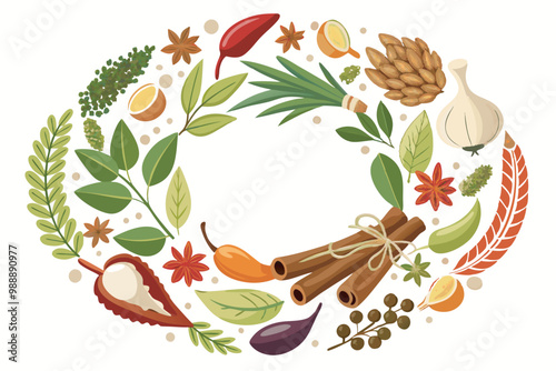 A colorful circle of spices like bay leaves, cloves, and cinnamon on a white background creates a vibrant and inviting atmosphere, evoking thoughts of abundance and cooking.