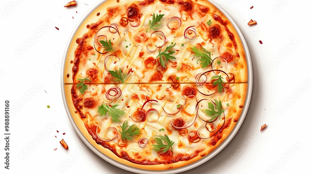 A Close-Up of a Partially Eaten Pizza with Red Onion and Parsley A Close-Up of a Partially Eaten Pizza with Red Onion and Parsley