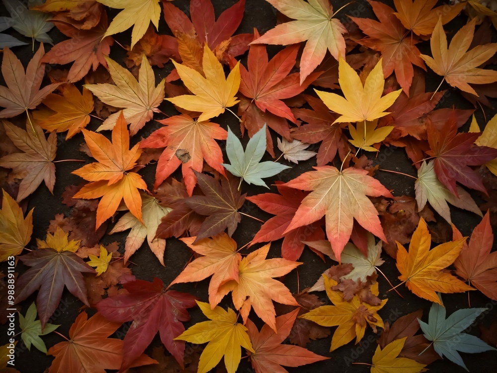 カエデ・紅葉した赤・緑・紫・オレンジの葉がボードの上に散らばって敷き詰められている Maple leaves in red, green, purple, and orange autumn colors are scattered and spread across the board カエデ・紅葉した赤・緑・紫・オレンジの葉がボードの上に散らばって敷き詰められている Maple leaves in red, green, purple, and orange autumn colors are scattered and spread across the board