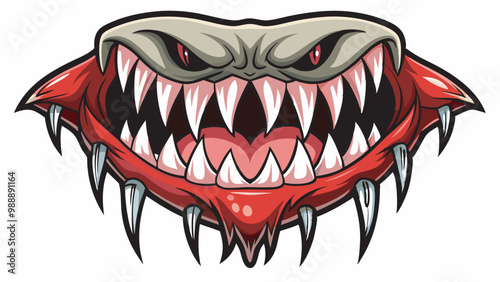 A vivid, colorful image of a fierce monstrous mouth with sharp teeth, red gums, and artistic blood splatter against a white backdrop.