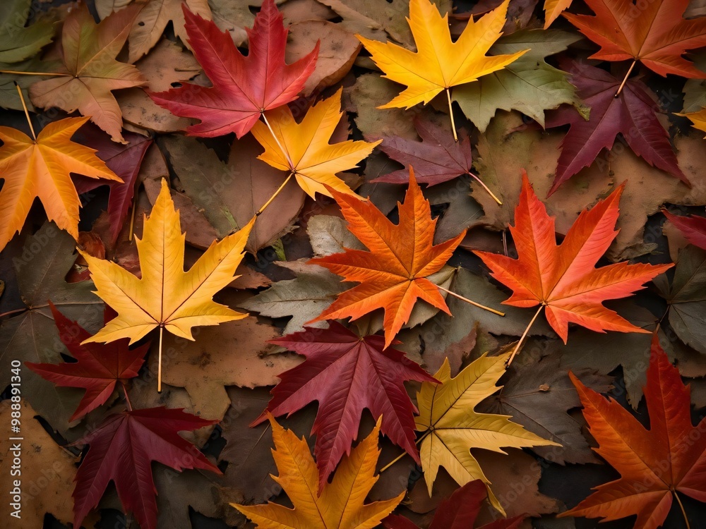 カエデ・紅葉した赤・緑・紫・オレンジの葉がボードの上に散らばって敷き詰められている Maple leaves in red, green, purple, and orange autumn colors are scattered and spread across the board カエデ・紅葉した赤・緑・紫・オレンジの葉がボードの上に散らばって敷き詰められている Maple leaves in red, green, purple, and orange autumn colors are scattered and spread across the board