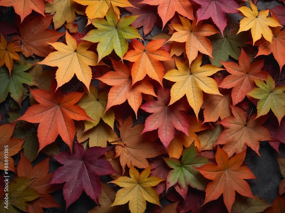 カエデ・紅葉した赤・緑・紫・オレンジの葉がボードの上に散らばって敷き詰められている Maple leaves in red, green, purple, and orange autumn colors are scattered and spread across the board カエデ・紅葉した赤・緑・紫・オレンジの葉がボードの上に散らばって敷き詰められている Maple leaves in red, green, purple, and orange autumn colors are scattered and spread across the board