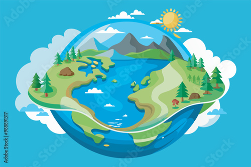 A stylized globe illustration showcases continents with rivers, forests, and mountains under a warm sun. Measurements are marked in a vibrant, harmonious scene.