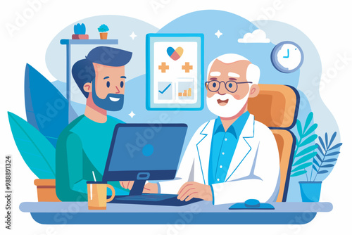 An illustration of a medical consultation: a young patient in green discussing with an elderly doctor at a desk. Smiles, laptop, coffee cup, plants in the background.